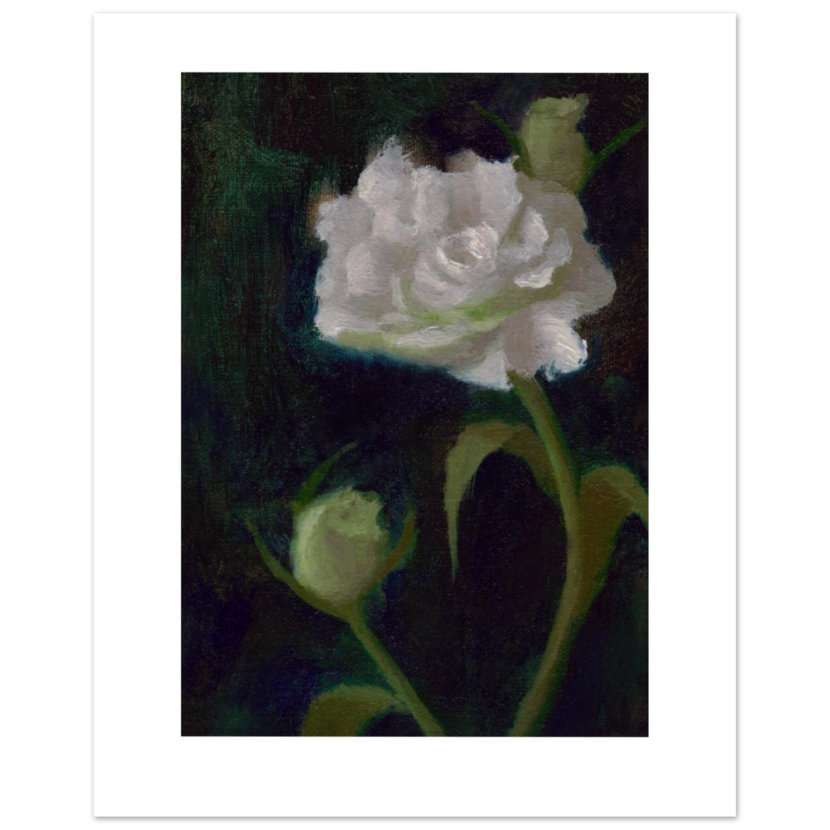 Flower Rescued from the Dustpan, an 8×10-inch fine art print featuring a luminous white rose and green buds against a dark green background.