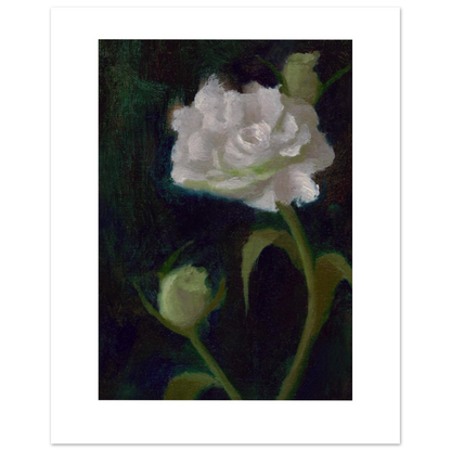 Flower Rescued from the Dustpan, an 8×10-inch fine art print featuring a luminous white rose and green buds against a dark green background.