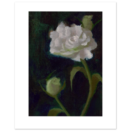 Flower Rescued from the Dustpan, an 8×10-inch fine art print featuring a luminous white rose and green buds against a dark green background.