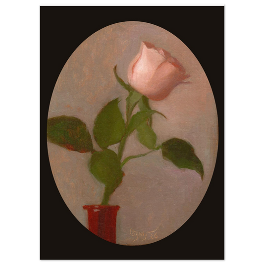 Pink Rose in Red Vase fine art print featuring a delicate pink rose in a rich red vase, reproduced from an original oil painting by Asha's Studio.